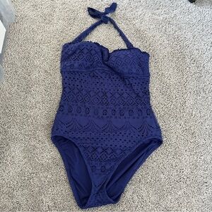 Mossimo Supply Co. Navy Blue Eyelet Lace Crochet One Piece Swimsuit Sz Small